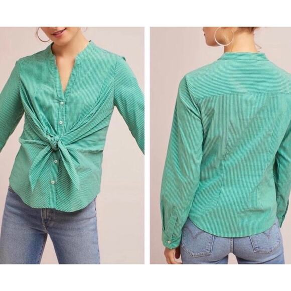 Maeve By Anthropologie Katherine Button Down Top Front Tie Green Striped Size 10 - Picture 1 of 9